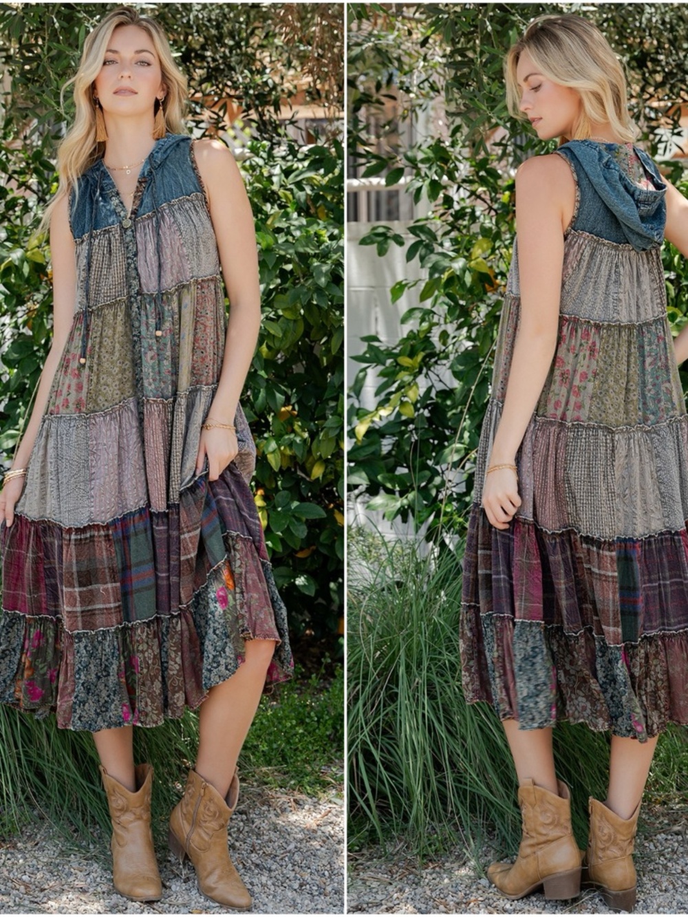 Young Threads Floral Patchwork Button down Flowy Hoodie Sleeveless Dress